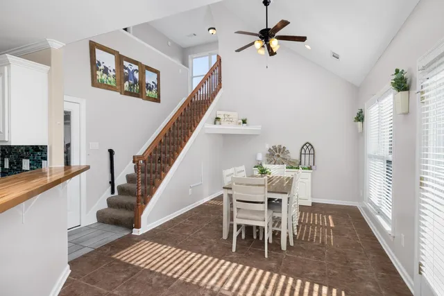 a view of a dining room with furniture