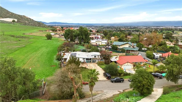 an aerial view of residential houses with outdoor space and trees