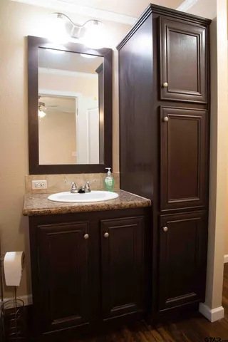 a bathroom with a sink and a mirror