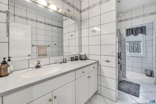 a bathroom with a sink and a shower