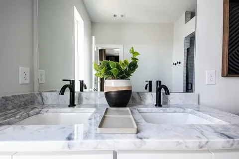 a view of a kitchen with kitchen island a potted plant and a sink