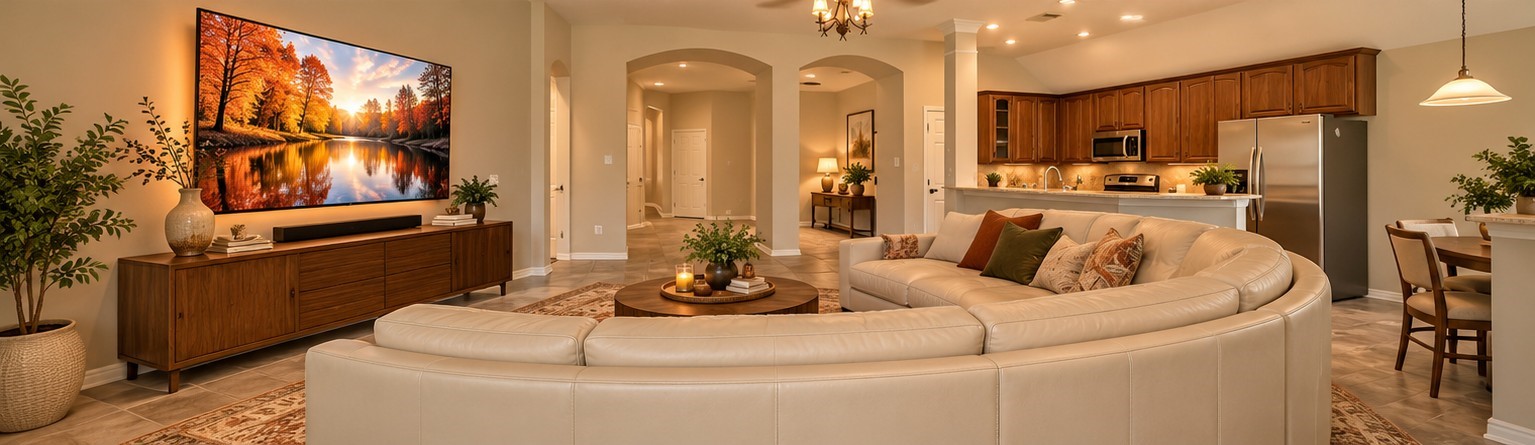 30910 Blue Ridge Park Lane Spring, TX 77386 - Photo 7 of 50 Experience modern elegance in this virtually staged living room, featuring a spacious open layout with cozy seating, a sleek entertainment center, and a warm, inviting ambiance perfect for relaxation and entertaining.