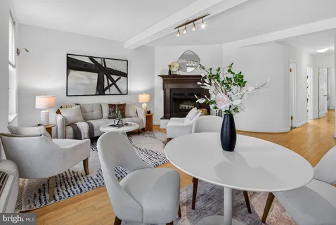 a living room with furniture a fireplace and a potted plant