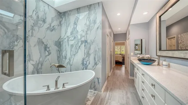 a view of a bathtub in a bathroom