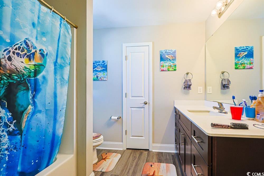 724 Hobonny Loop Longs, SC 29568 - Photo 21 of 40 Bathroom featuring vanity, dark wood-style flooring, and shower / bathtub combination with curtain
