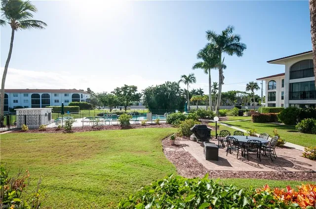 a view of a swimming pool with lawn chairs plants and palm trees