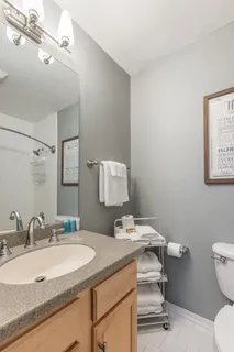 a bathroom with a sink vanity and a mirror