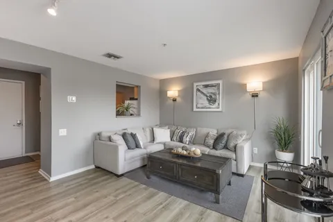 a living room with furniture and a large mirror with wooden floor