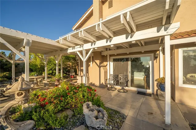 a view of a yard with plants and large trees