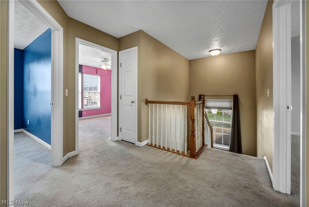 147 Stone Ridge Way Berea, OH 44017 - Photo 27 of 44 Hall featuring a textured ceiling, light colored carpet, an upstairs landing, and healthy amount of natural light