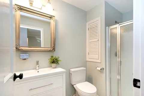a bathroom with a toilet a sink and mirror