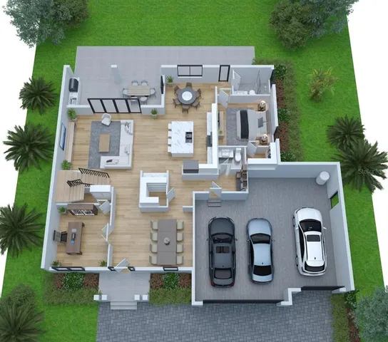 an aerial view of residential house with outdoor space and parking