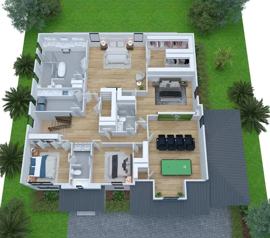 an aerial view of a house with yard and parking