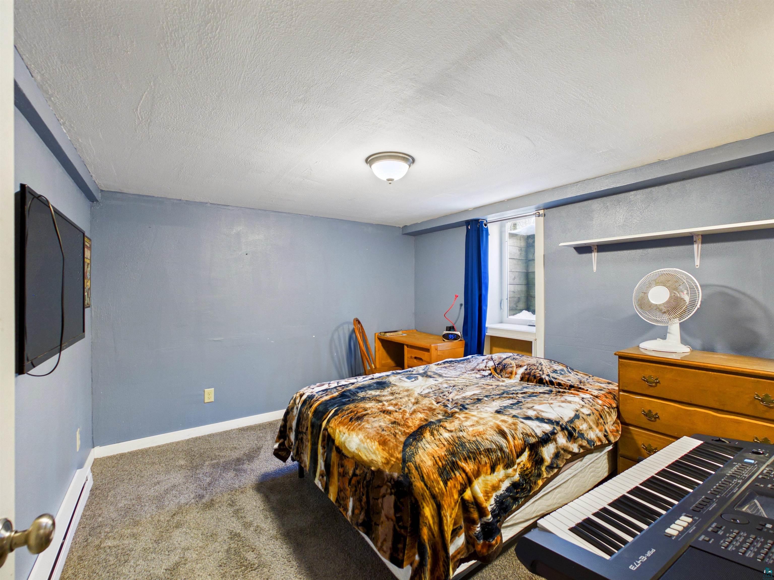 10719 North Oak Ridge Street Hayward, WI 54843 - Photo 45 of 57 Bedroom featuring carpet flooring, a baseboard radiator, and a textured ceiling
