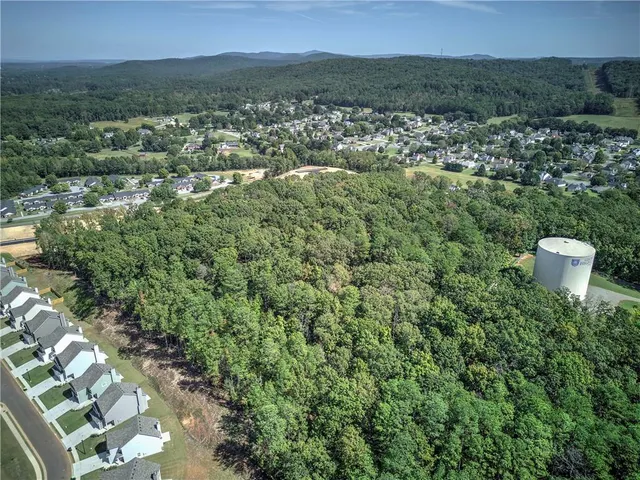 a view of a city with lush green forest