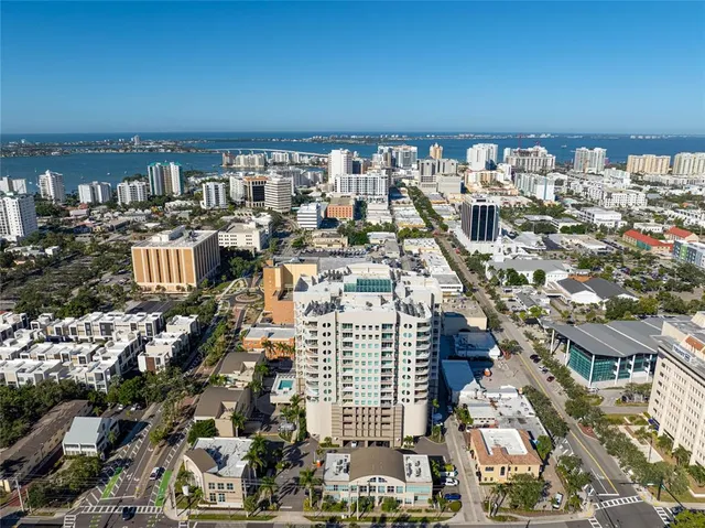 a view of a city with tall buildings