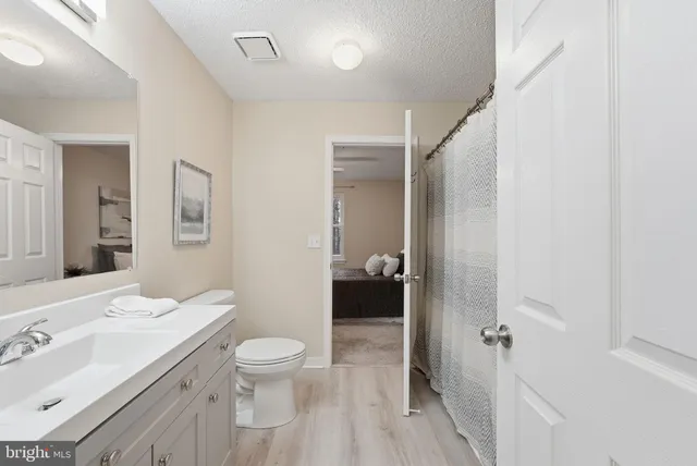 a bathroom with a toilet a sink a mirror and vanity