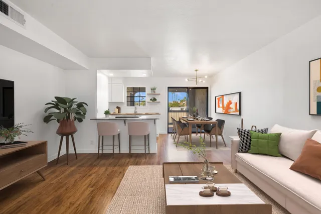 a living room with furniture a rug kitchen view and a potted plant