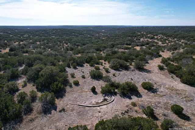 an aerial view of residential houses with outdoor space and trees
