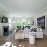 a living room with furniture a fireplace and a potted plant