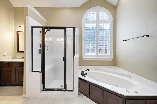 a bathroom with a bathtub and a shower