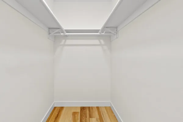 a view of walk in closet with empty racks