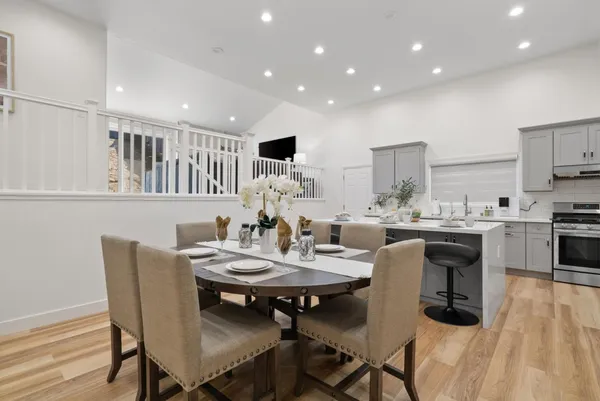a view of a dining room with furniture