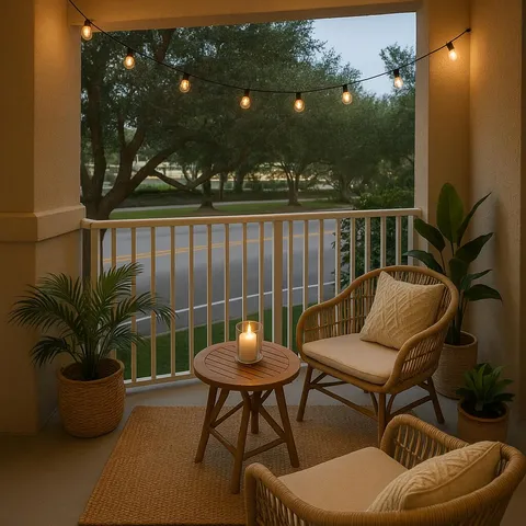 a backyard of a house with table and chairs