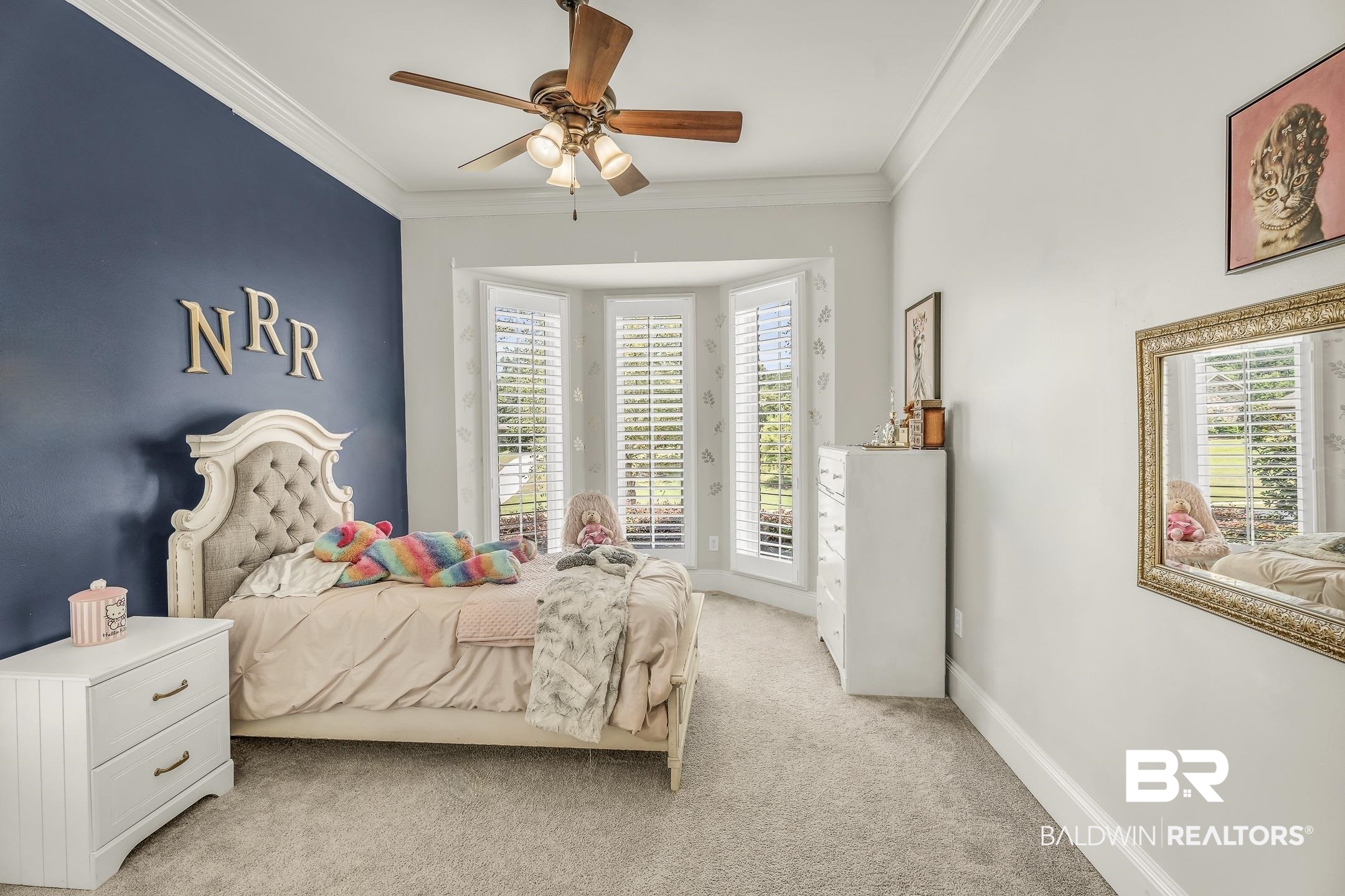 7696 Raegan Lane Daphne, AL 36527 - Photo 22 of 41 Bedroom featuring ceiling fan, access to outside, ornamental molding, and light carpet