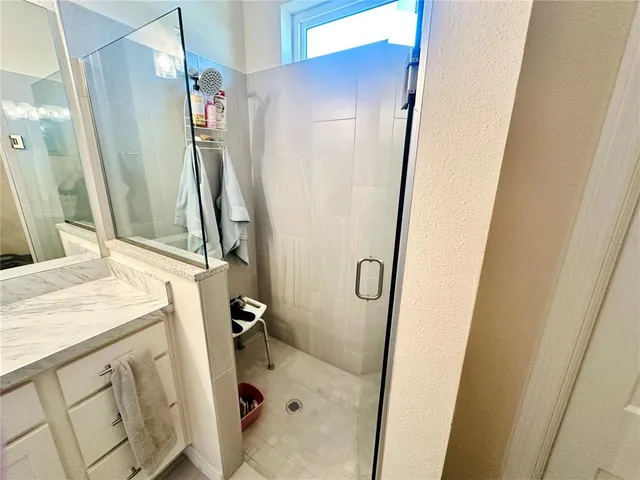 a bathroom with a sink a mirror and a shower