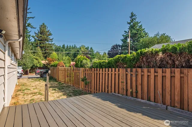 a view of deck with wooden floor and fence with plants