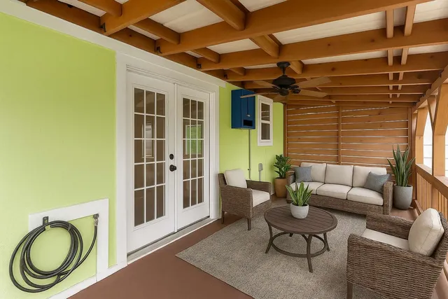 a spacious bedroom with a bed a couch and a chandelier
