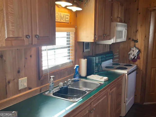 a kitchen with a sink and a stove with wooden cabinets