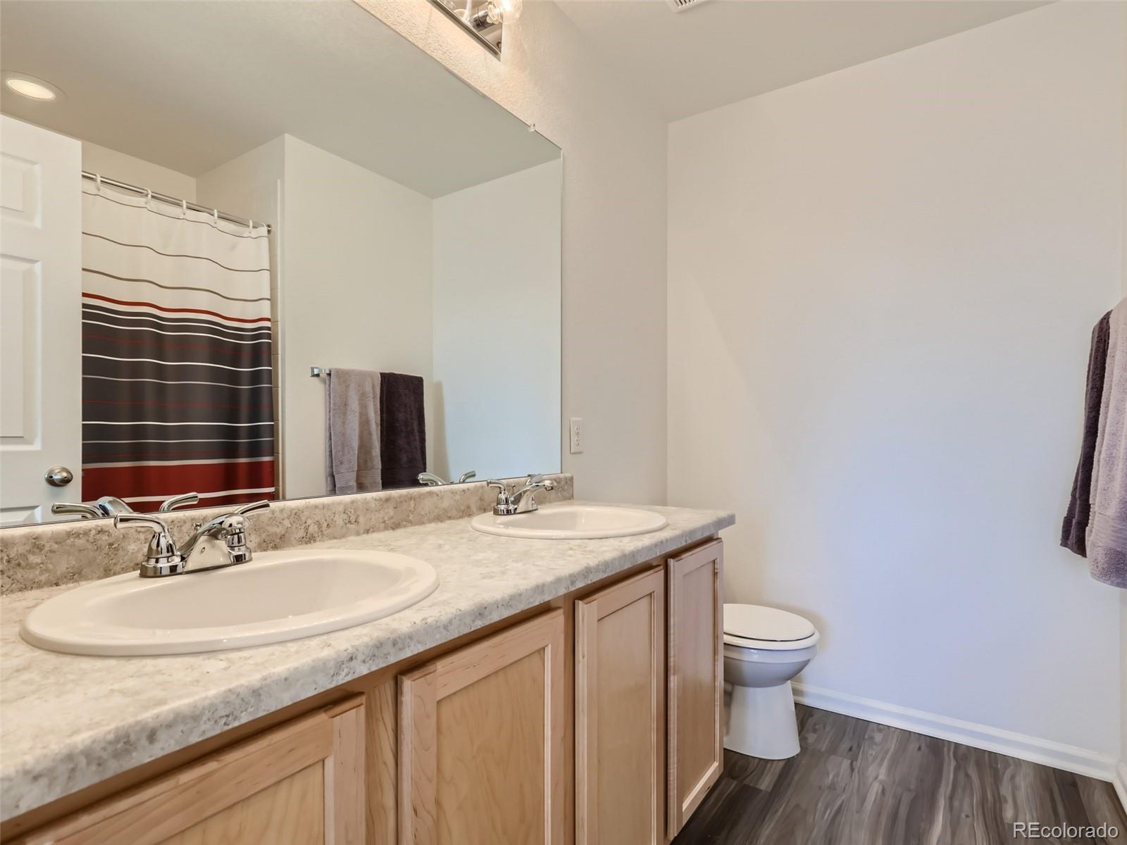 6430 Dry Fork Circle Frederick, CO 80516 - Photo 21 of 32 a bathroom with a granite countertop sink a toilet and a mirror