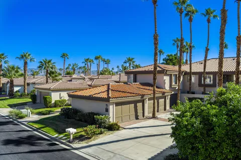 a view of a garden with large trees