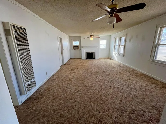 a view of empty room with fireplace and windows