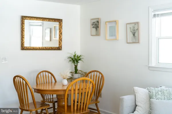 a view of a dining room with furniture and window