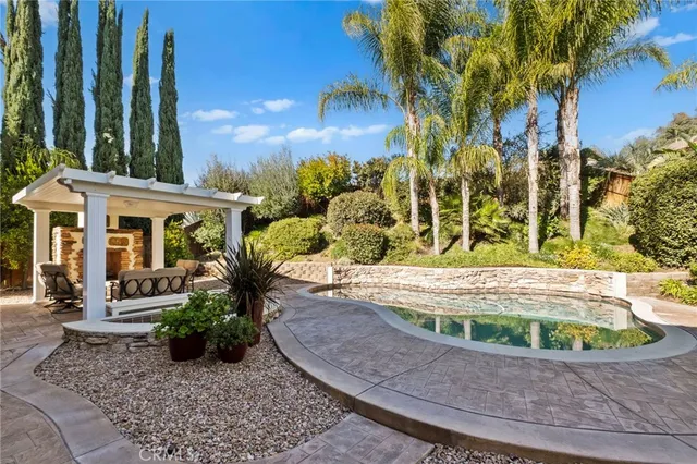 a view of a patio with table and chairs potted plants and palm tree