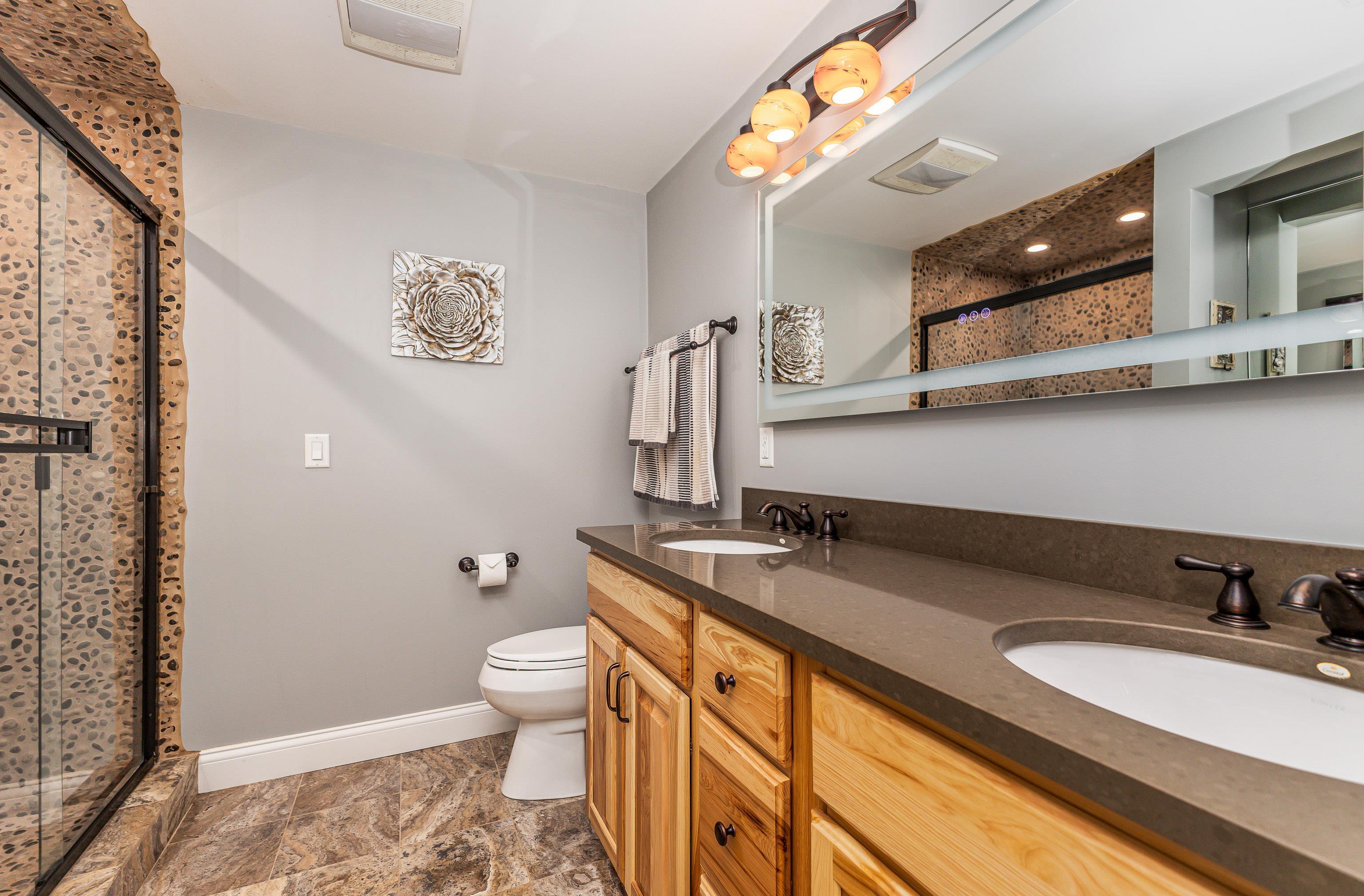 6 Hickory Trail Galena, IL 61036 - Photo 53 of 67 a bathroom with a granite countertop sink a toilet and a mirror