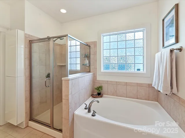 a bathroom with a bathtub and a shower
