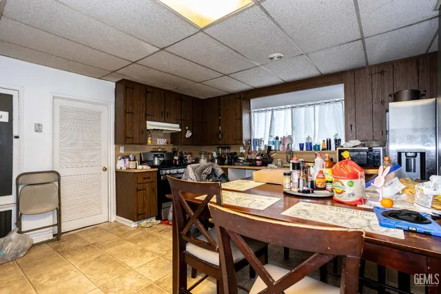 a view of a dining room with furniture