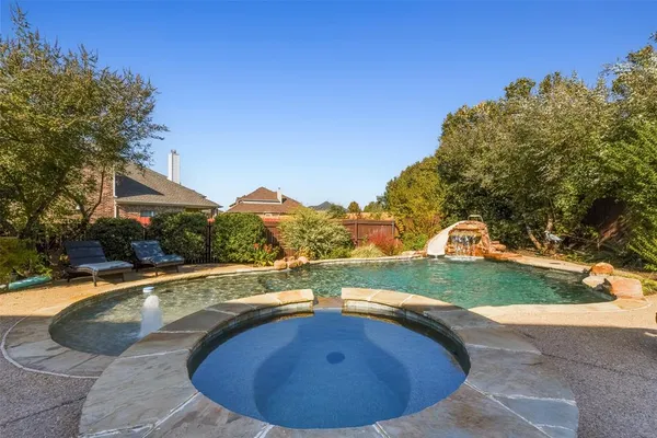 a view of a swimming pool with a yard