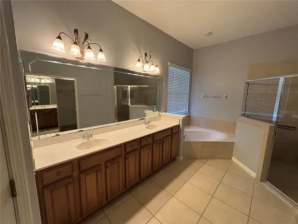a bathroom with a tub sink and mirror