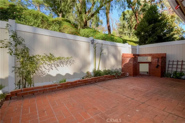 a view of backyard with potted plants and a table chair