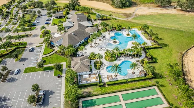 an aerial view of a swimming pool