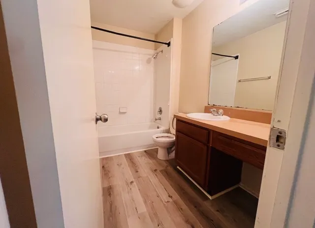 a bathroom with a sink a toilet a shower and a mirror
