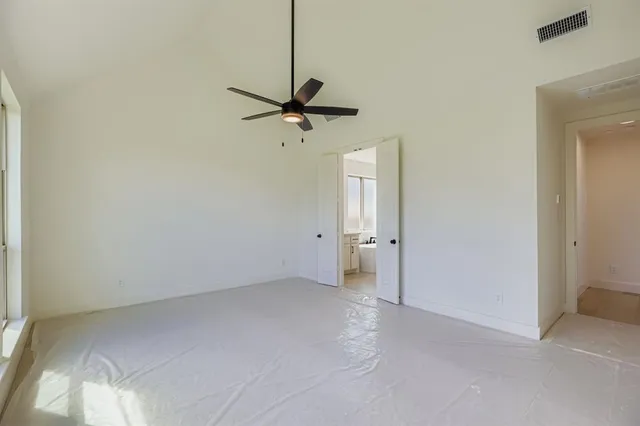 a view of a room with a fan