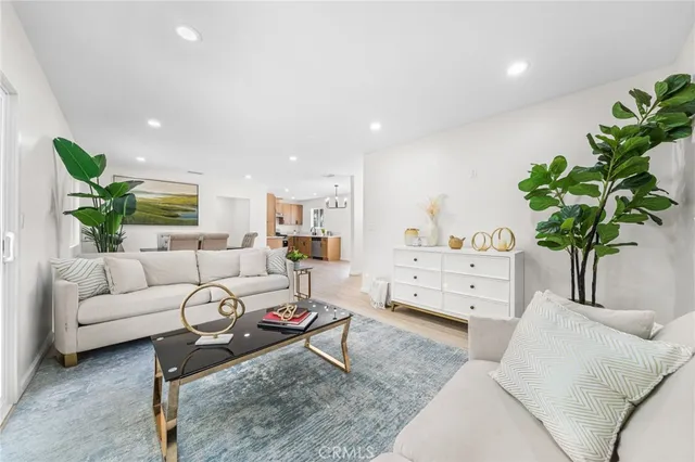 a living room with furniture potted plant and a window
