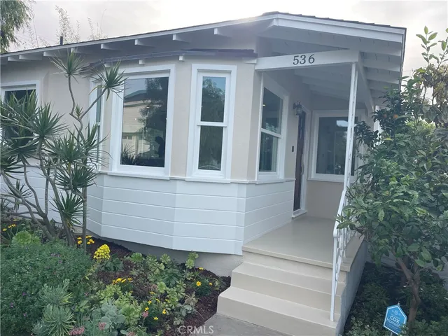 a view of a yard with plants and trees