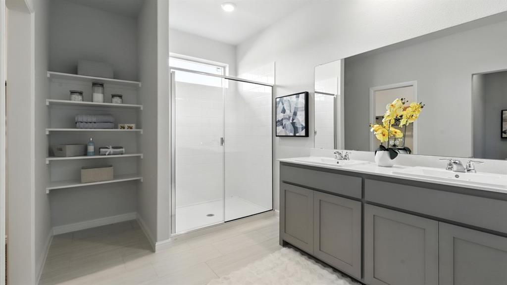 304 Perk Street Keene, TX 76059 - Photo 16 of 34 a bathroom with a double vanity sink mirror and shower